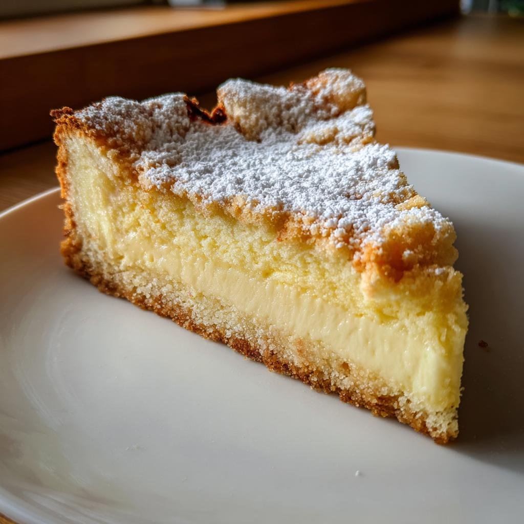 Ein saftiges Stück Rahmkuchen Rezept Der Immer Gelingt mit cremiger Füllung und Puderzucker.