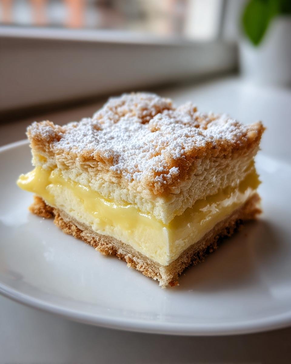 Ein Stück saftiger Rahmkuchen Rezept Der Immer Gelingt mit cremiger Füllung und Streuseln, bestäubt mit Puderzucker.