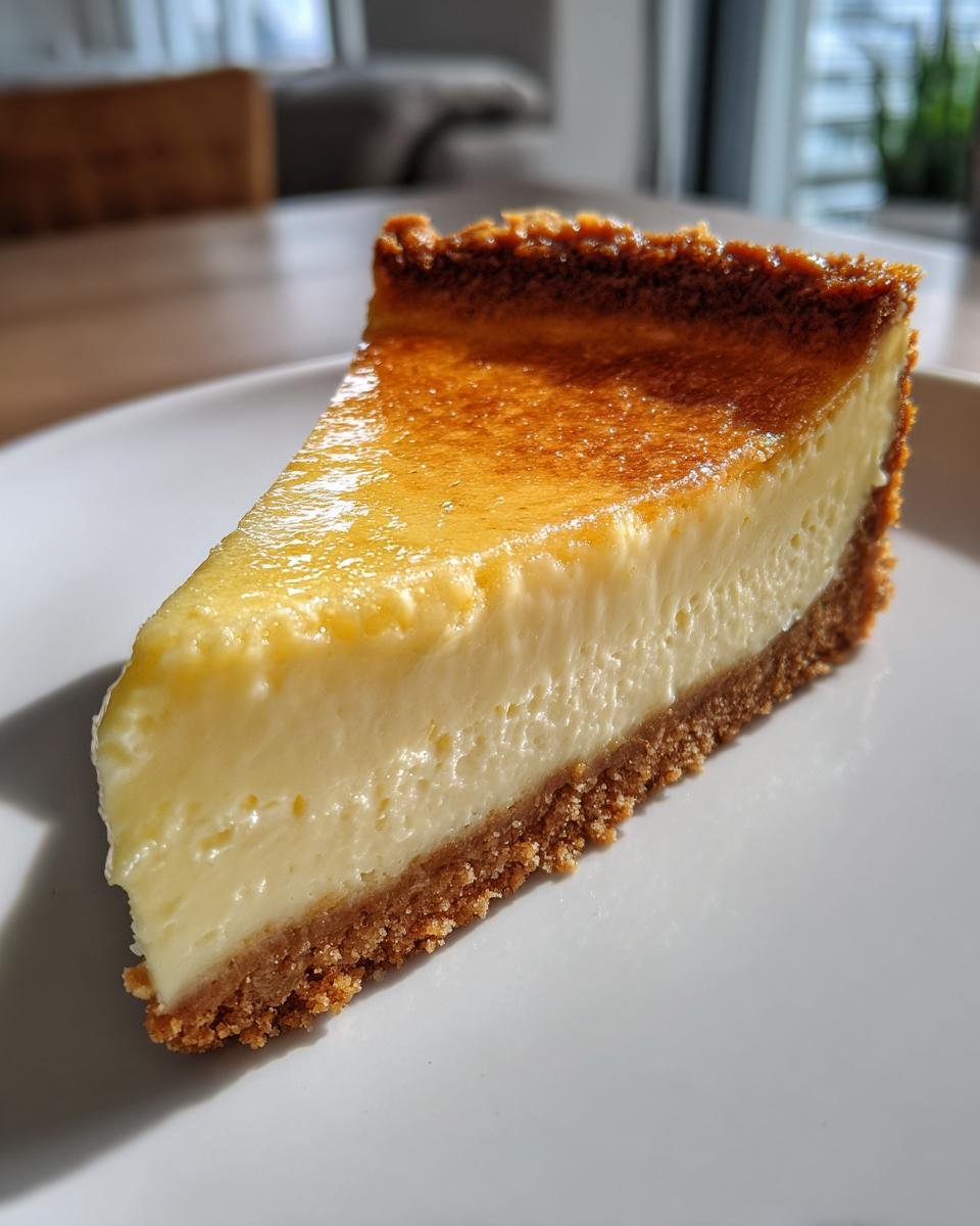 Ein perfektes Stück Rahmkuchen Rezept Der Immer Gelingt mit goldbraun gebackener Oberfläche und Keksboden auf einem weißen Teller.