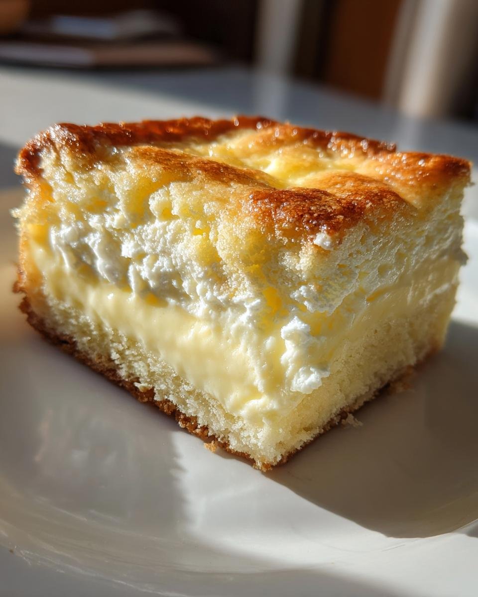 Ein saftiges Stück Rahmkuchen Rezept Der Immer Gelingt mit Pudding- und Sahneschicht auf einem weißen Teller.