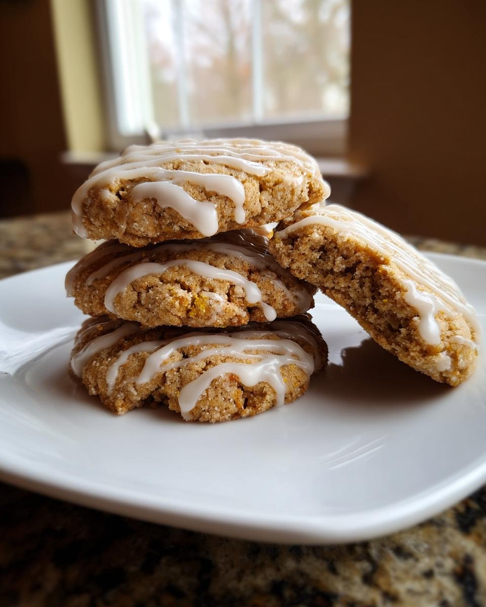 Stapel von weichen Zitronenkeksen mit weißer Zitronenglasur auf einem weißen Teller.
