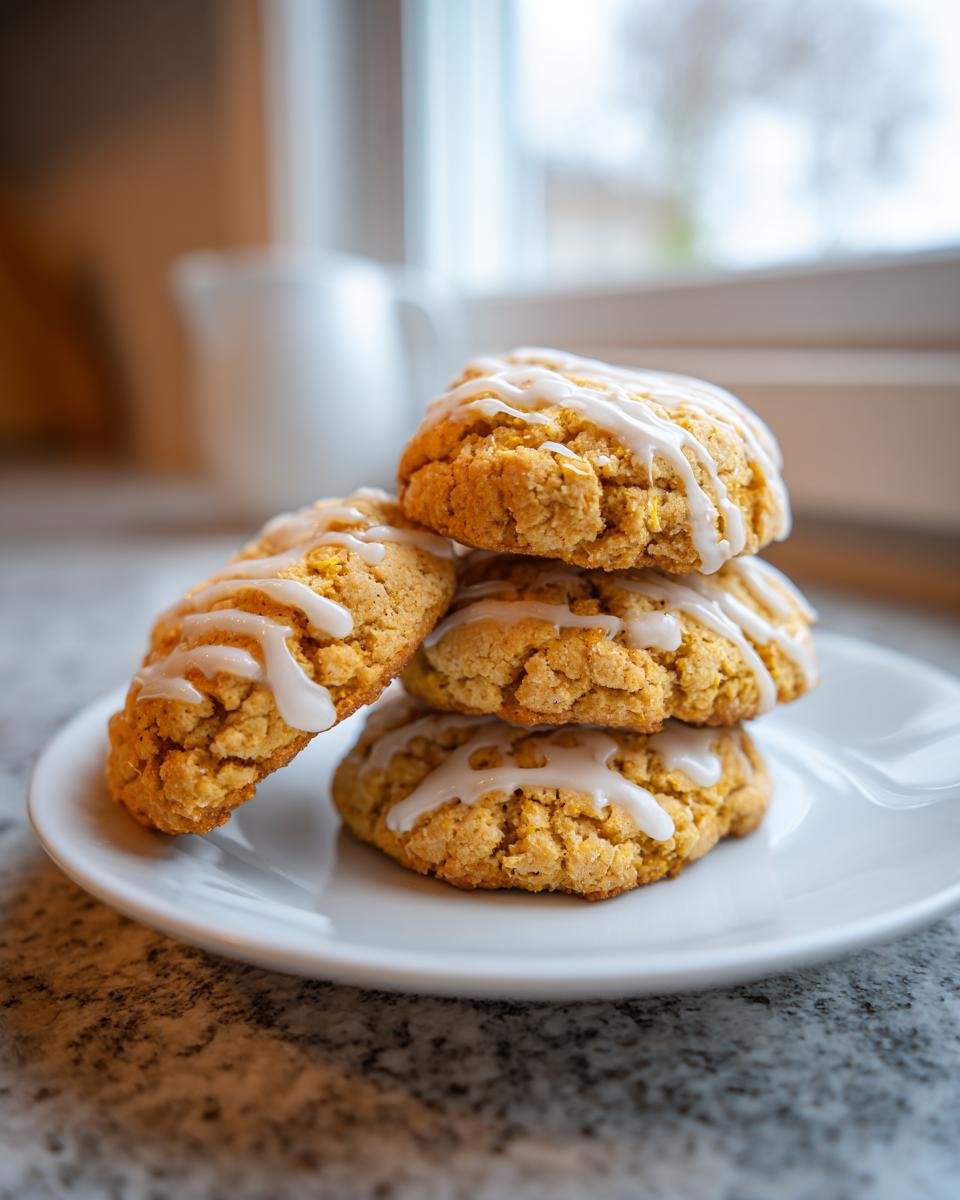 Stapel von weichen Zitronenkeksen mit weißem Zuckerguss auf einem weißen Teller.
