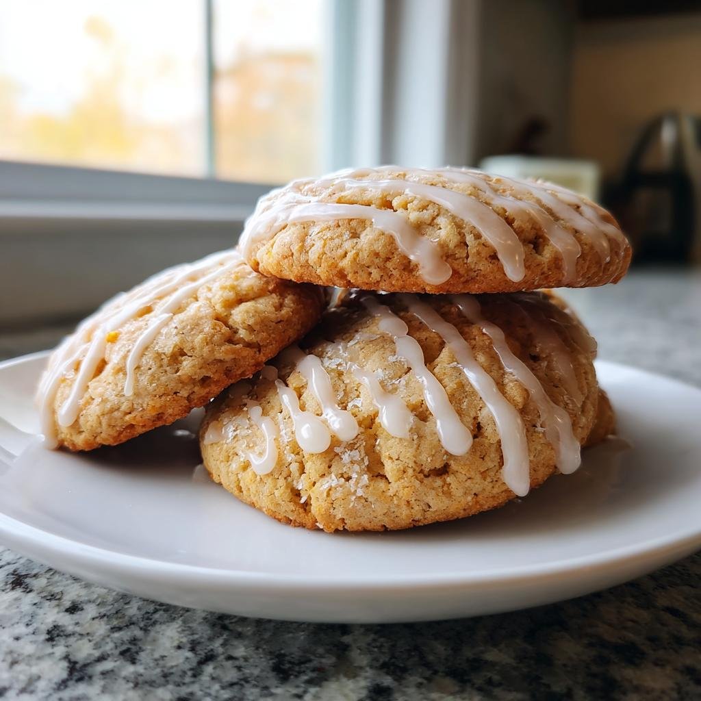 Stapel von weichen Zitronenkeksen mit Zitronenglasur auf einem weißen Teller.