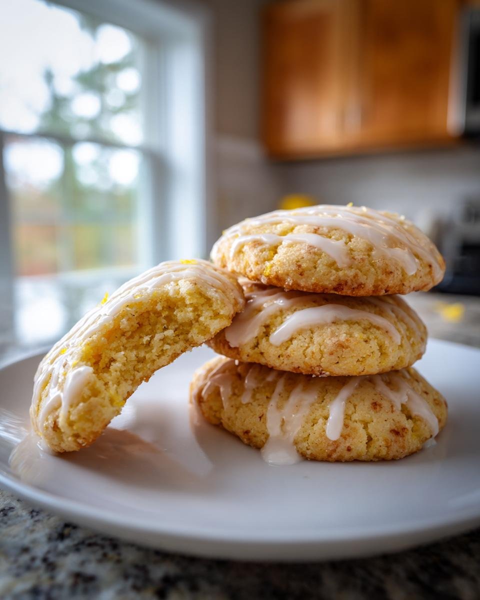 Stapel von weichen Zitronenkeksen mit weißer Glasur, einer davon angeschnitten, um die weiche Textur zu zeigen.