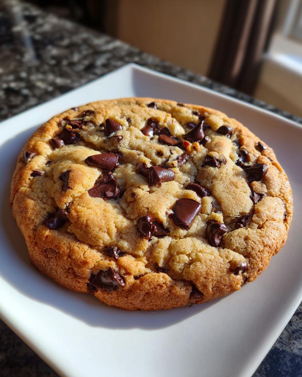 Nahaufnahme eines großen, perfekt gebackenen Riesige Schokokekse mit geschmolzenen Schokoladenstücken auf einem weißen Teller.
