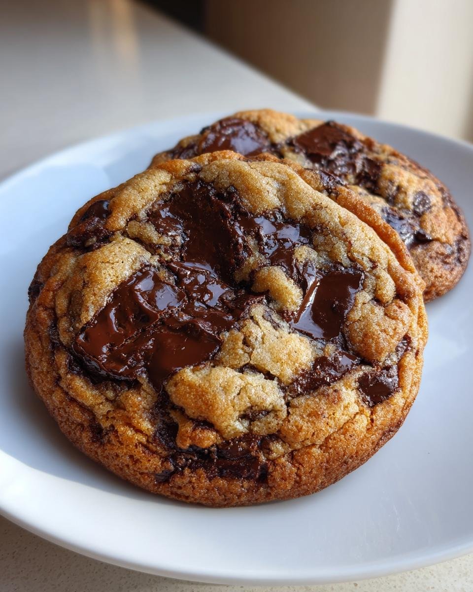 Nahaufnahme von zwei großen, weichen Riesige Schokokekse mit reichlich geschmolzener Schokolade auf einem weißen Teller.