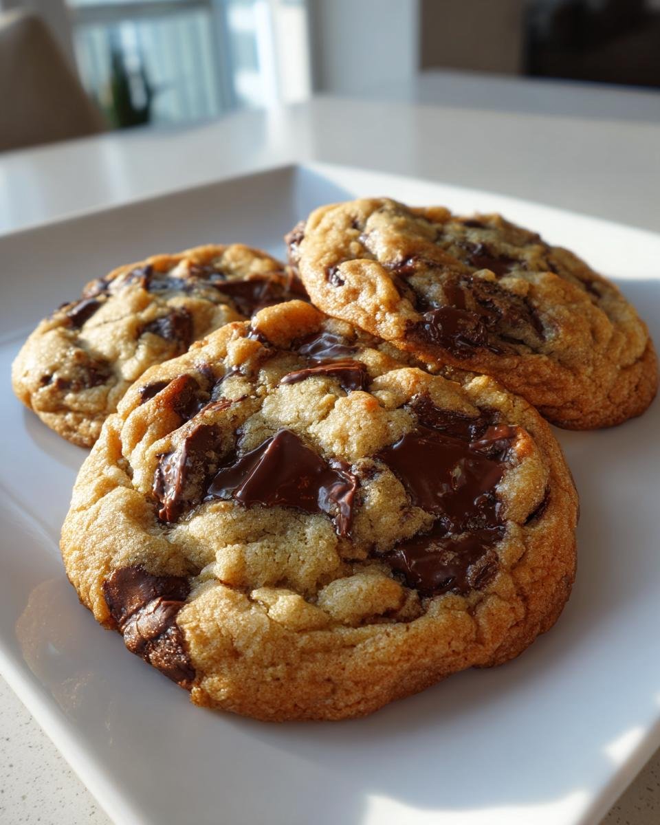 Drei frisch gebackene Riesige Schokokekse mit großen Stücken geschmolzener Schokolade auf einem weißen Teller.