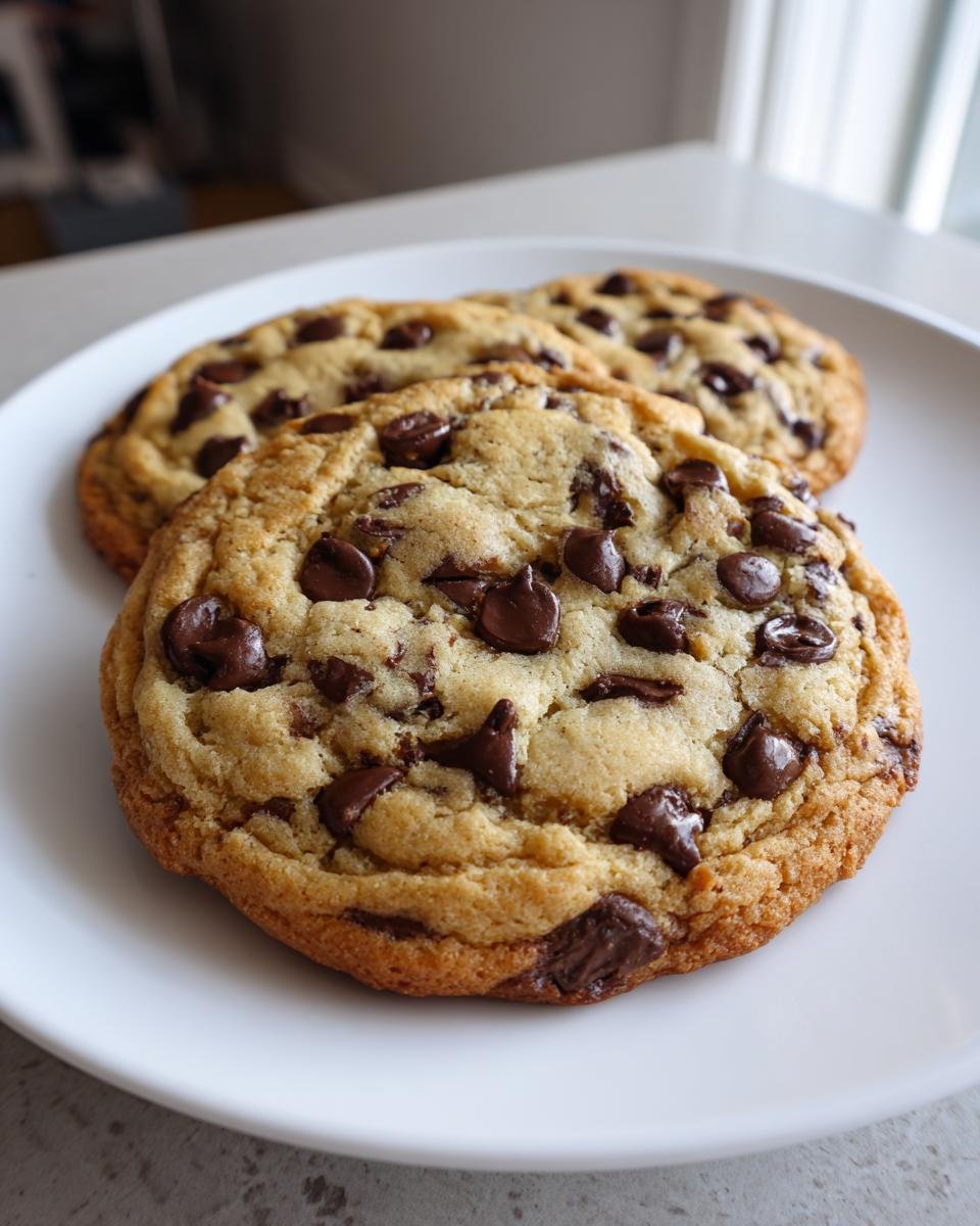 Nahaufnahme von zwei großen, weichen Riesige Schokokekse mit geschmolzenen Schokoladenstücken auf einem weißen Teller.