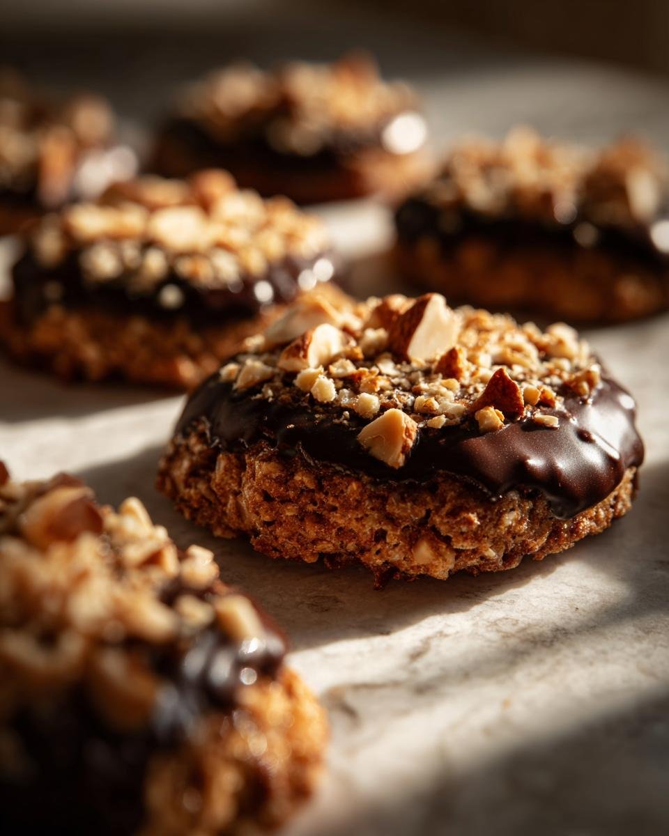 Nahaufnahme von mehreren fertigen Rocher-Keksen, bedeckt mit dunkler Schokolade und gehackten Haselnüssen.