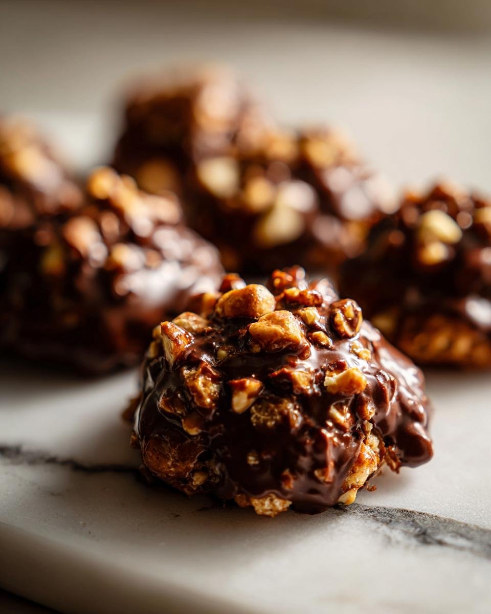 Nahaufnahme eines einzelnen Rocher-Kekses, überzogen mit dunkler Schokolade und gehackten Haselnüssen.