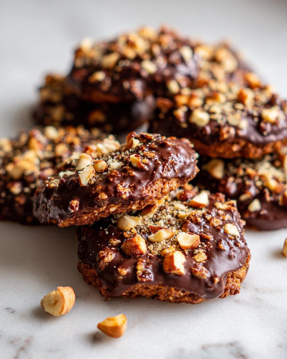 Nahaufnahme von gestapelten Rocher-Keksen, überzogen mit dunkler Schokolade und gehackten Haselnüssen.