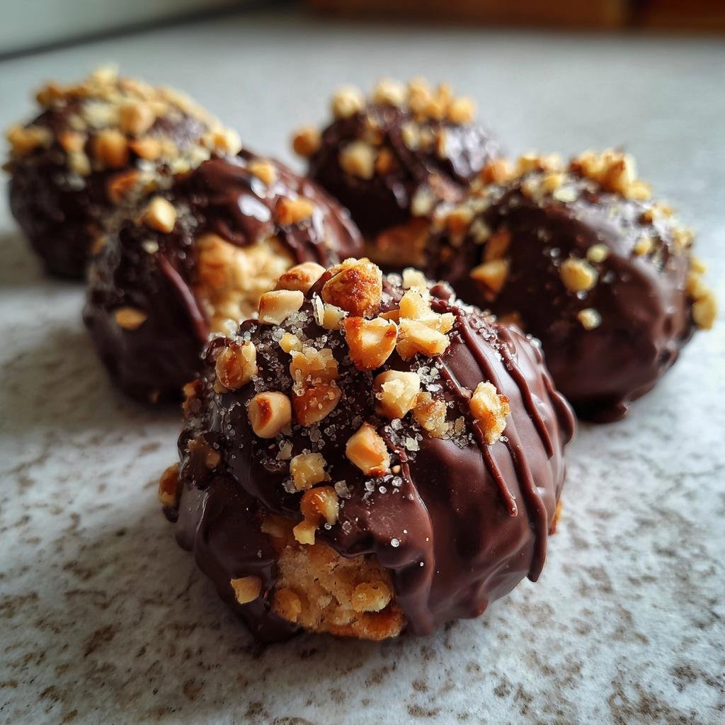 Nahaufnahme von mehreren selbstgemachten Rocher-Keksen, überzogen mit dunkler Schokolade und gehackten Nüssen.