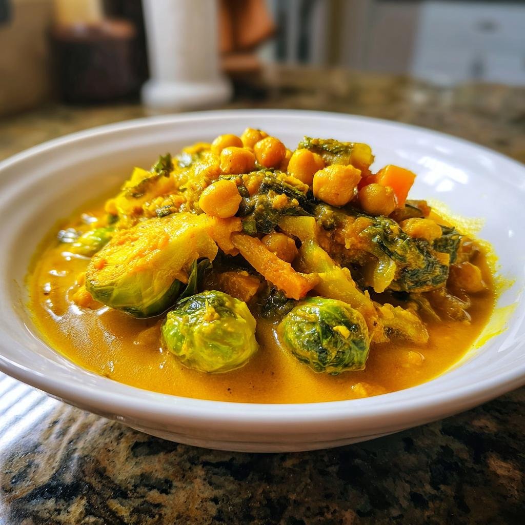 Nahaufnahme eines cremigen, gelben Rosenkohl-Curry mit Kichererbsen und Gemüse in einer weißen Schüssel.