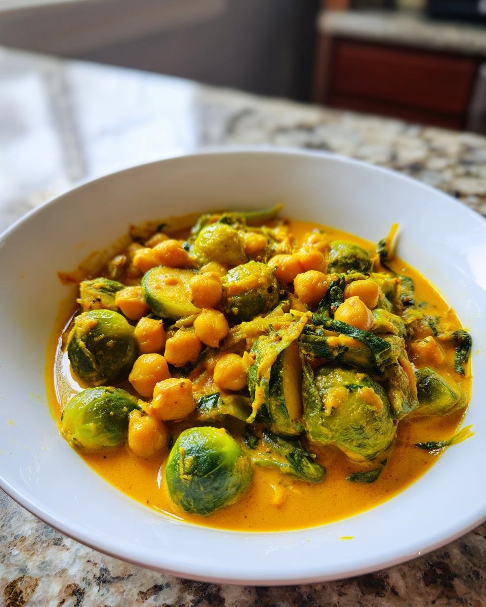 Nahaufnahme eines cremigen, gelben Rosenkohl-Curry mit Kichererbsen in einer weißen Schüssel.