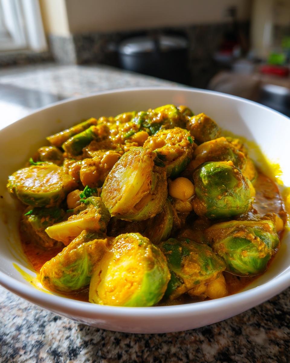 Nahaufnahme von leuchtend grünem Rosenkohl und Kichererbsen in einer cremigen, gelben Curry-Sauce.