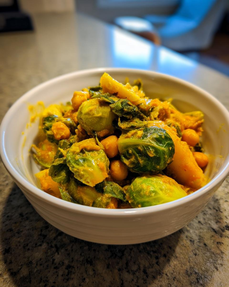 Nahaufnahme von cremigem Rosenkohl-Curry mit Kichererbsen in einer weißen Schüssel auf Granit-Arbeitsplatte.