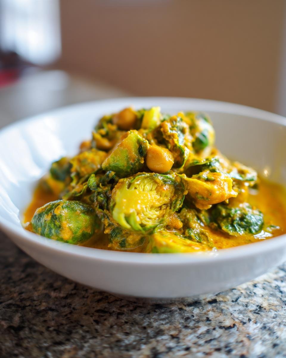 Nahaufnahme von cremigem Rosenkohl-Curry mit Kichererbsen in einer weißen Schale.