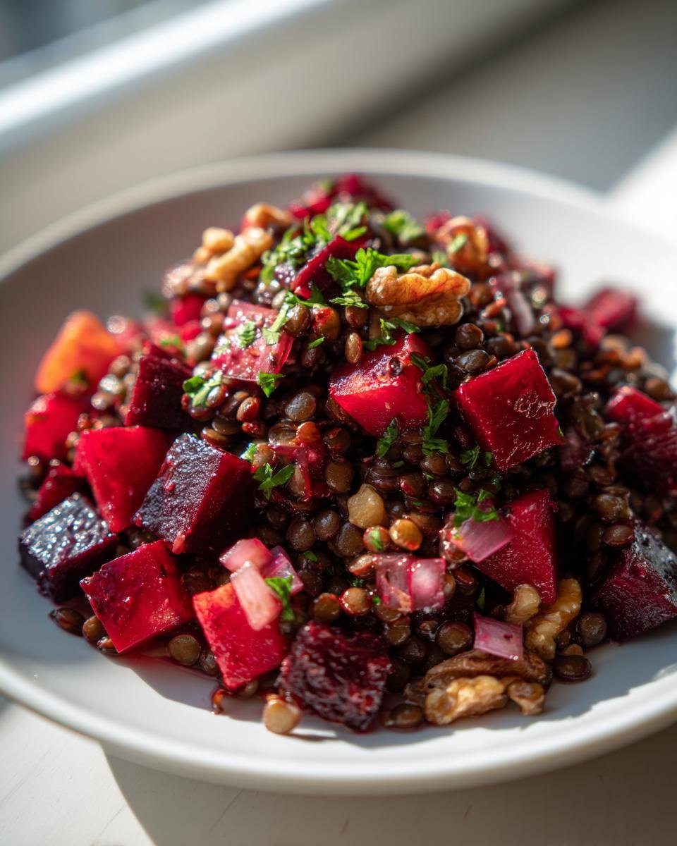 Nahaufnahme eines gesunden Rote Bete Linsen Salat mit leuchtend roten Rote-Bete-Stücken, Linsen, Walnüssen und Petersilie.