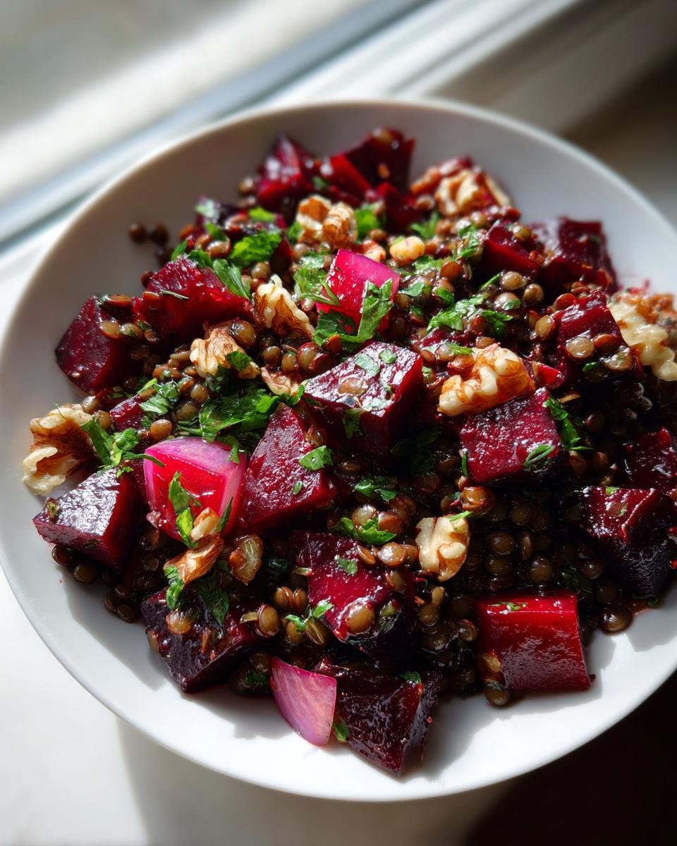 Nahaufnahme des Rote Bete Linsen Salat mit leuchtend roten Rote-Bete-Würfeln, braunen Linsen und Walnüssen.