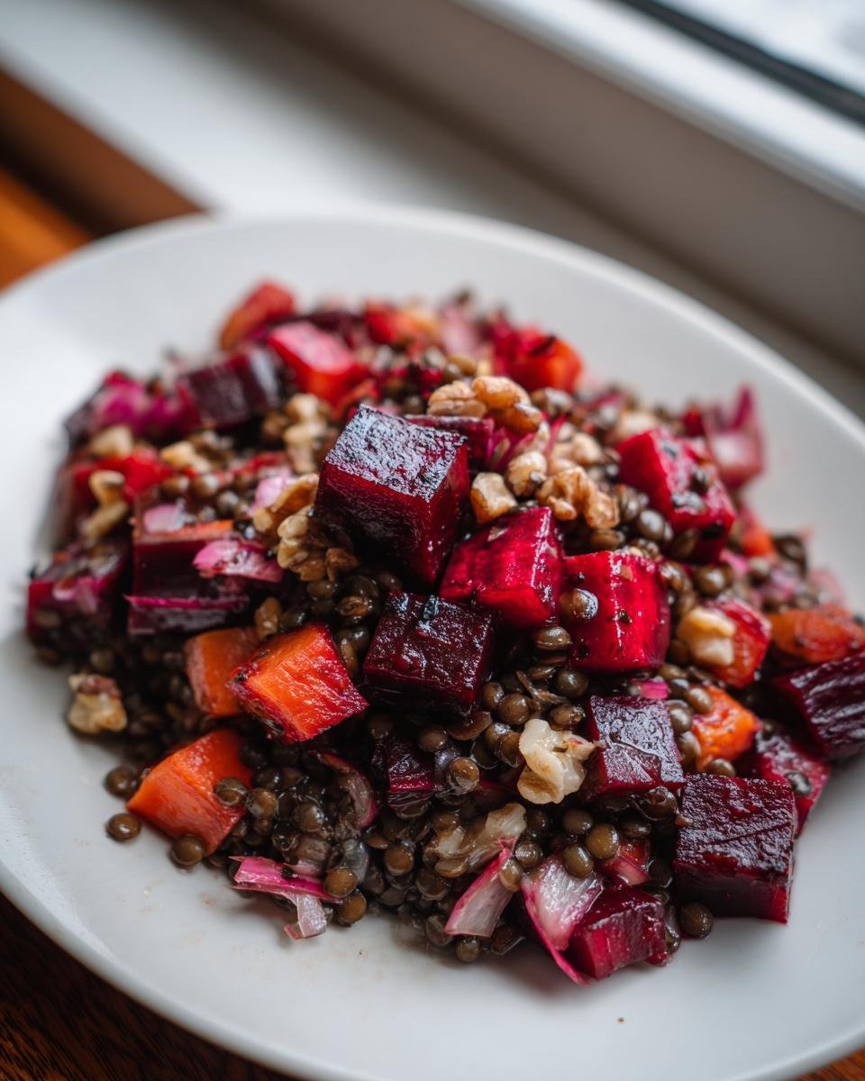 Nahaufnahme eines gesunden Rote Bete Linsen Salat mit gewürfelten roten Beten und Walnüssen auf einem weißen Teller.