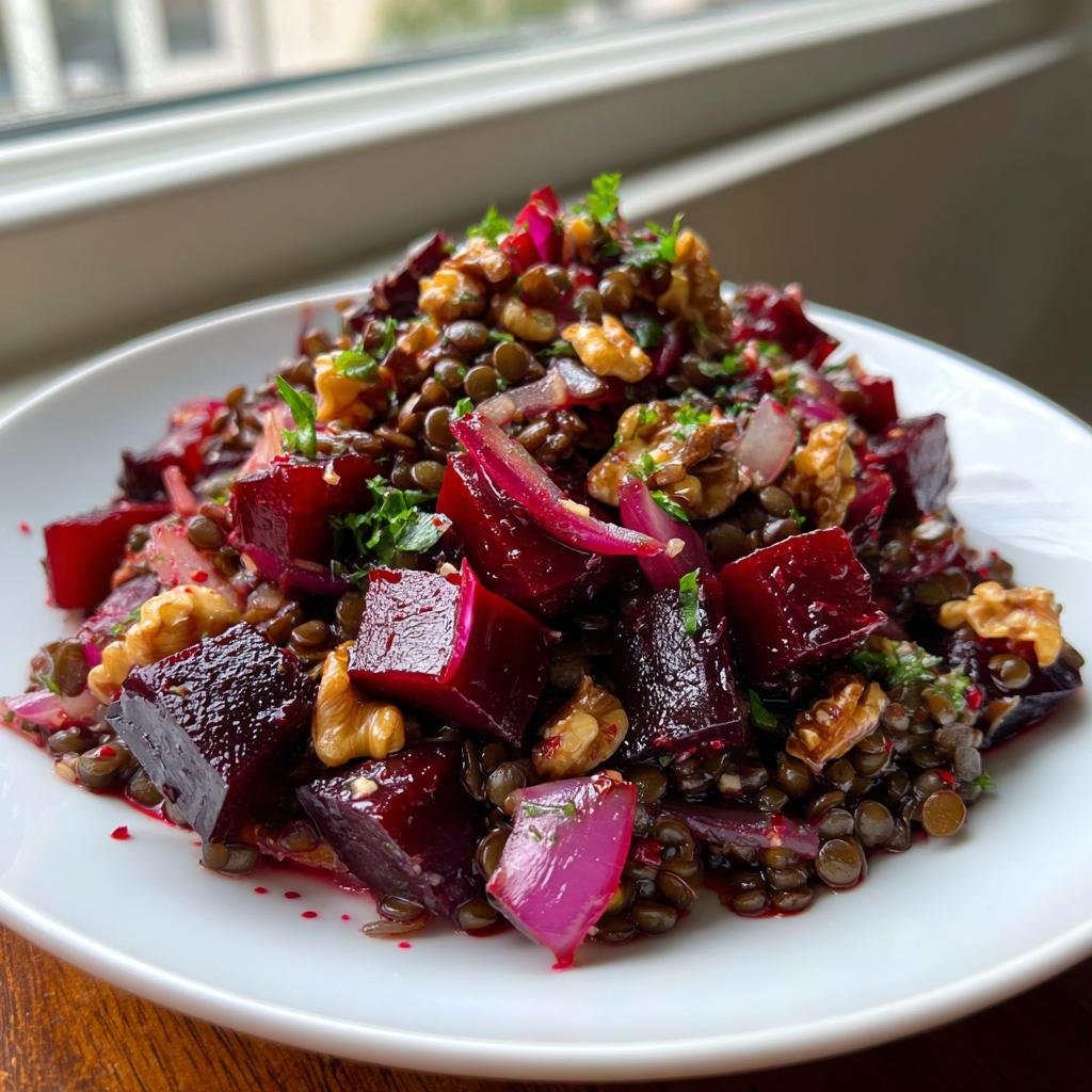 Nahaufnahme eines Rote Bete Linsen Salat mit großen Stücken Roter Bete, Linsen, roten Zwiebeln und Walnüssen.