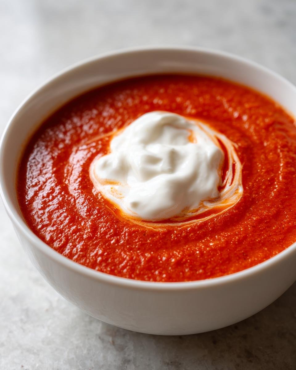 Nahaufnahme einer leuchtend roten Tomatensuppe mit einem Klecks Crème fraîche, die ich jede Woche essen könnte.