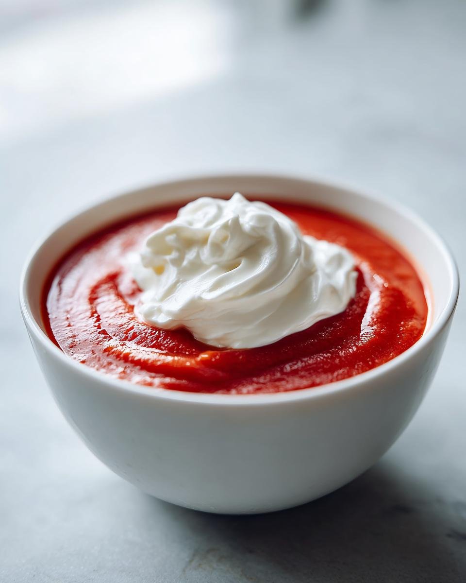 Nahaufnahme einer Schüssel Rote Grütze mit einem großen Klecks Schlagsahne, ein Gericht, das man Das konnte ich jede Woche essen.