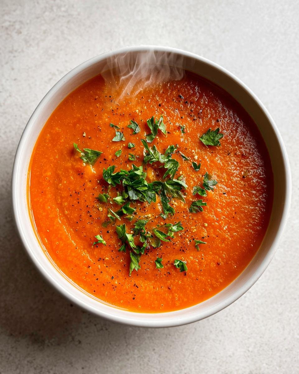 Nahaufnahme einer dampfenden Schüssel ROTE LINSENSUPPE, garniert mit frischer Petersilie und schwarzem Pfeffer.
