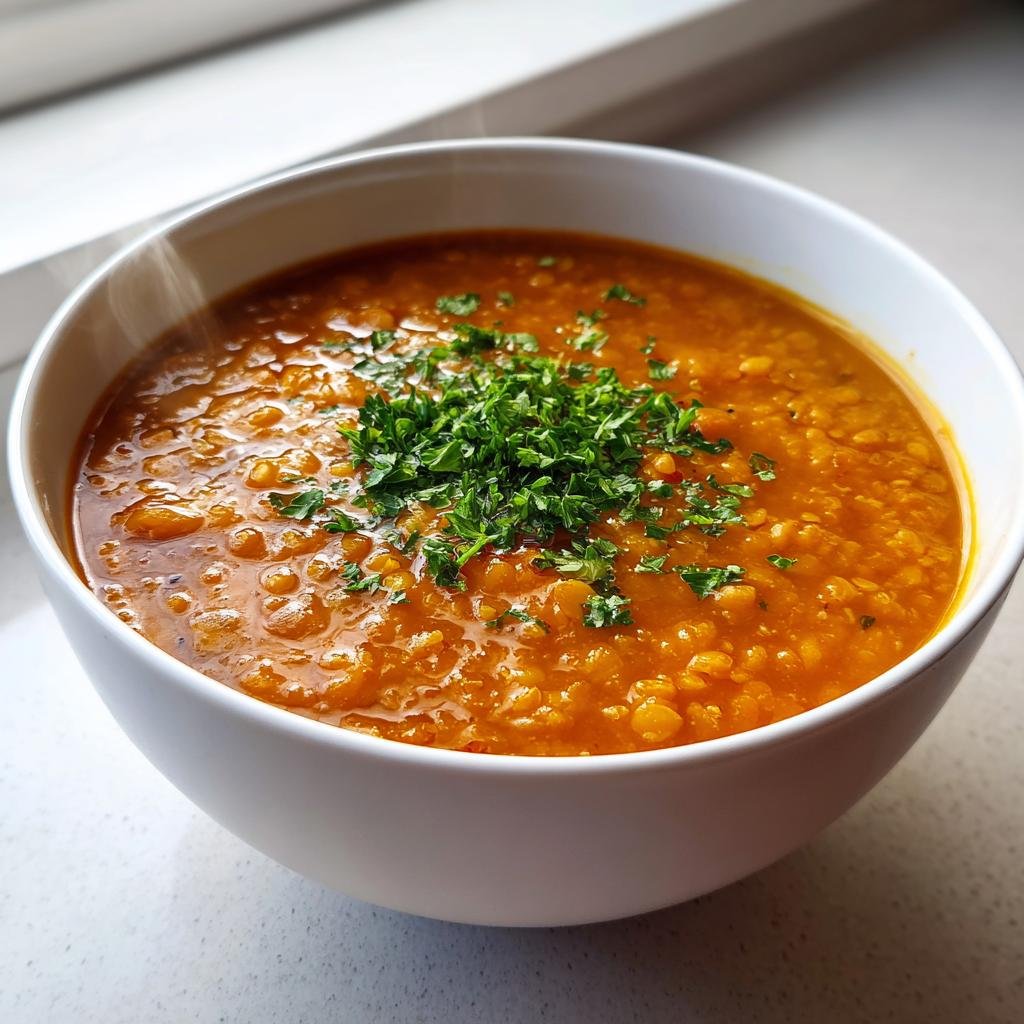 Eine dampfende Schüssel mit ROTE LINSENSUPPE -KRÄFTIG & AROMATISCH, garniert mit frischer Petersilie.