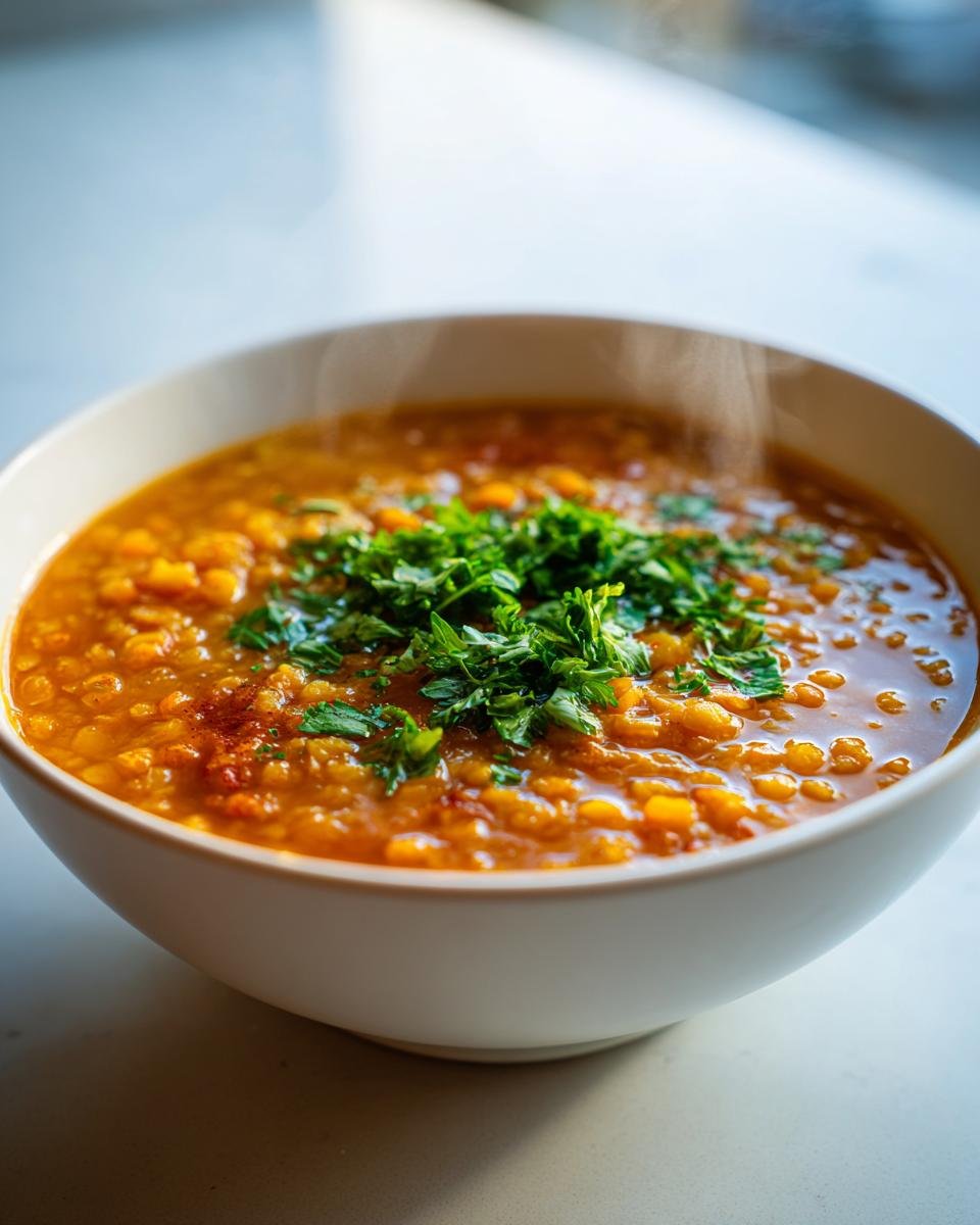 Eine dampfende Schüssel mit ROTE LINSENSUPPE -KRÄFTIG & AROMATISCH, garniert mit frischer Petersilie.