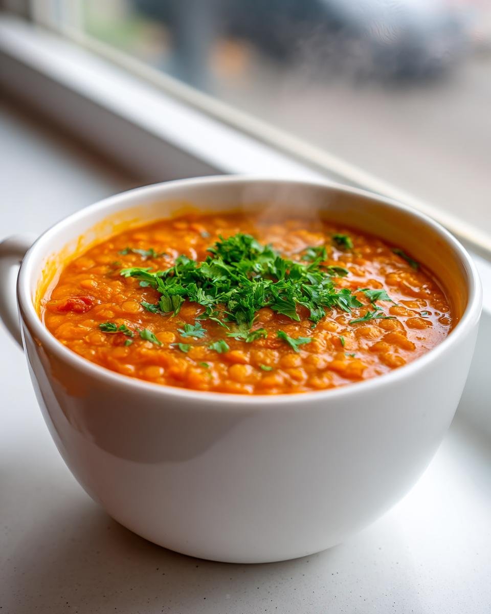Nahaufnahme einer dampfenden Schale ROTE LINSENSUPPE -KRÄFTIG & AROMATISCH, garniert mit frischer Petersilie.