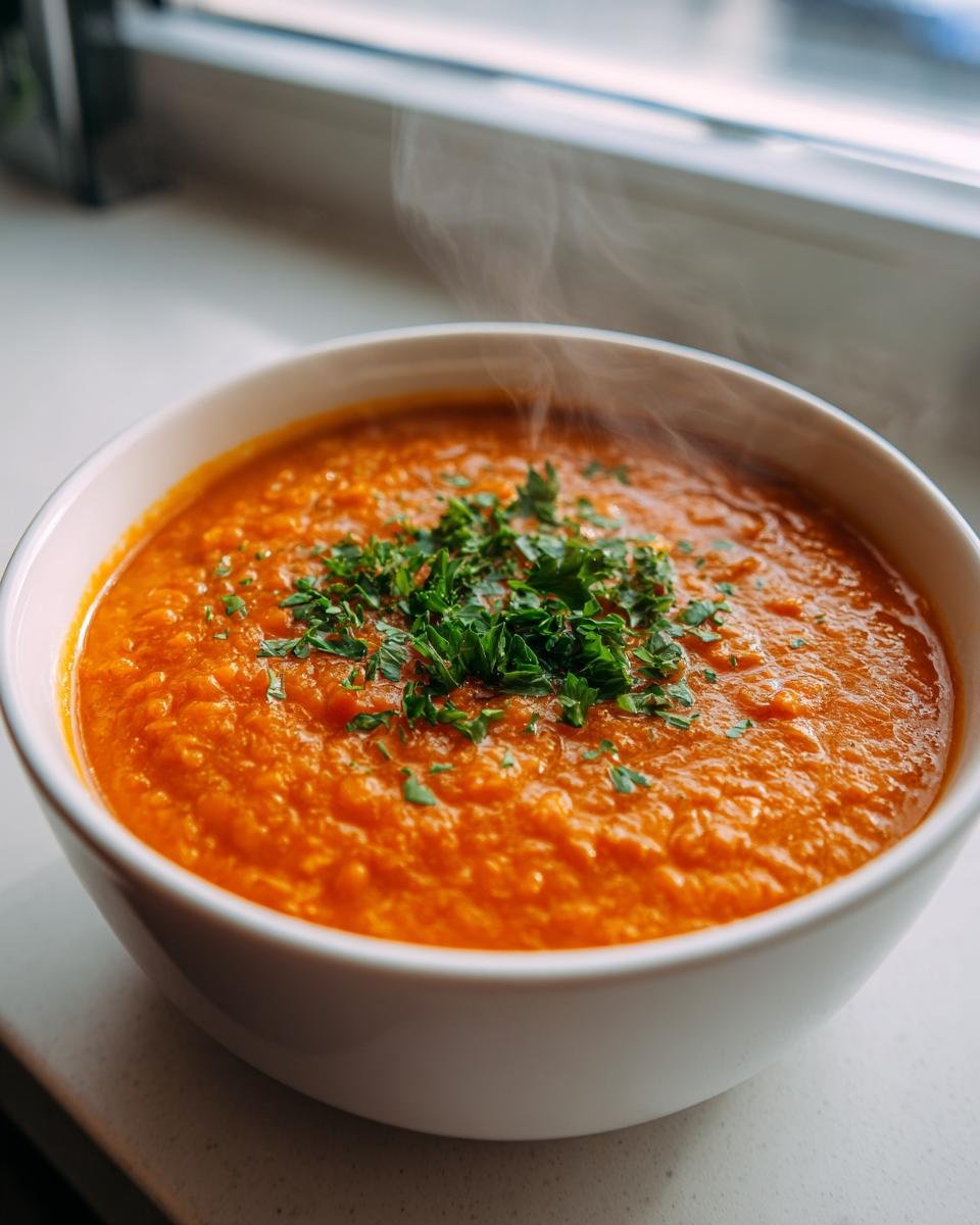 Eine dampfende Schüssel mit kräftiger ROTE LINSENSUPPE, garniert mit gehackter Petersilie.