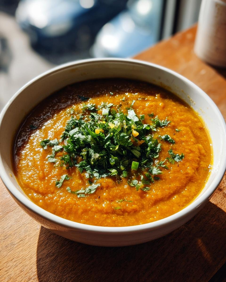 Eine Schüssel mit kräftiger ROTE LINSENSUPPE, garniert mit frischer Petersilie und Gewürzen.