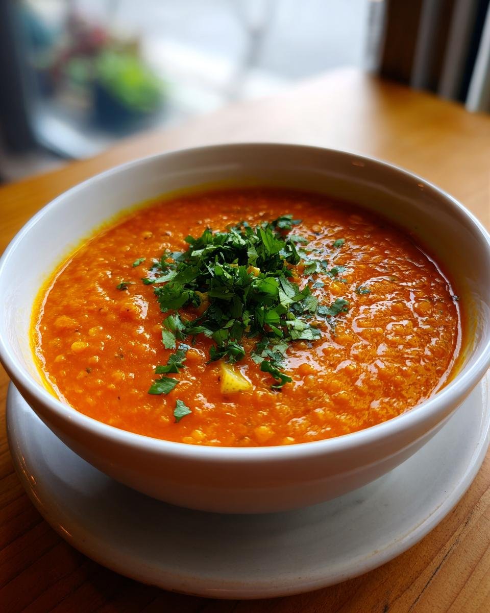 Nahaufnahme einer Schale mit kräftiger und aromatischer ROTE LINSENSUPPE, garniert mit frischer Petersilie.