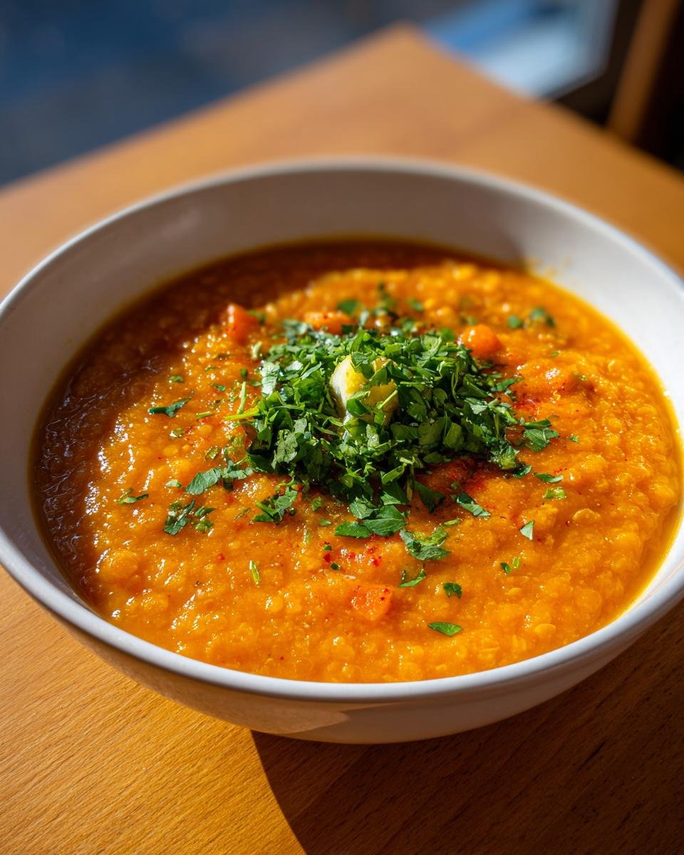 Eine Schüssel mit kräftiger ROTE LINSENSUPPE, garniert mit viel frischer Petersilie und einem Klecks Creme.