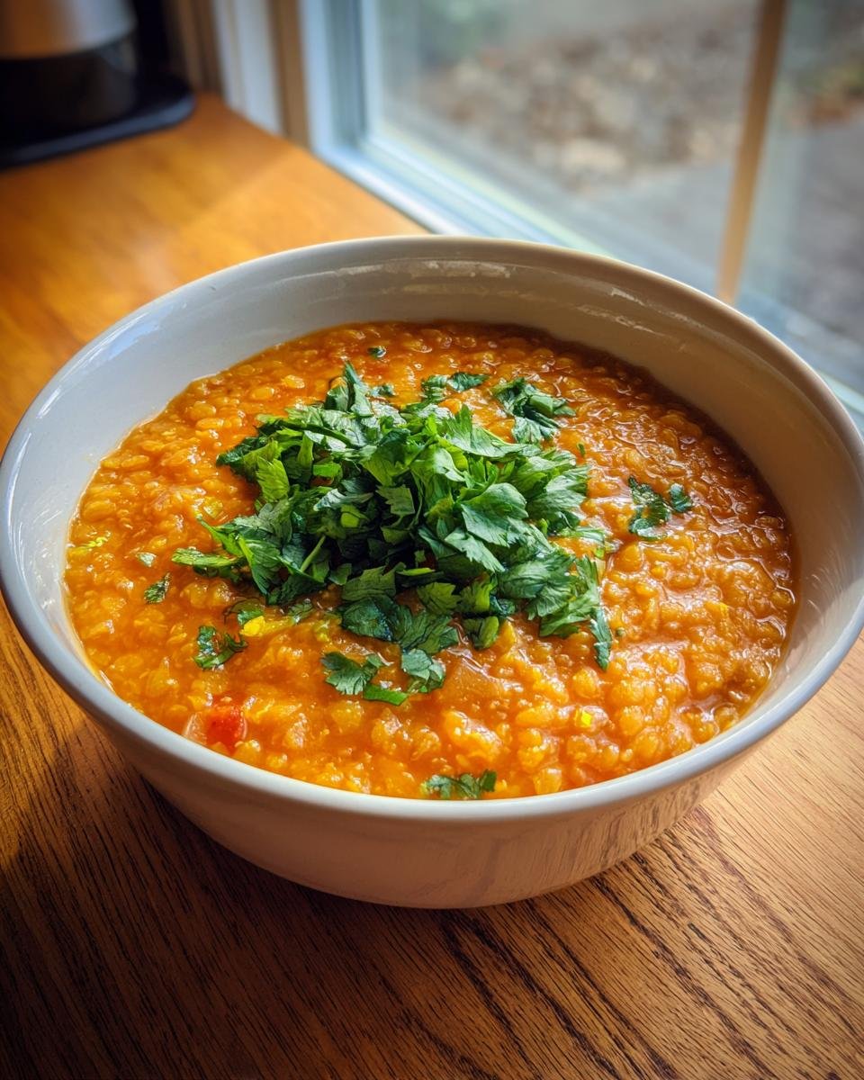 Eine Schüssel mit herzhafter ROTE LINSENSUPPE, garniert mit frischer, gehackter Petersilie, steht auf einem Holztisch.
