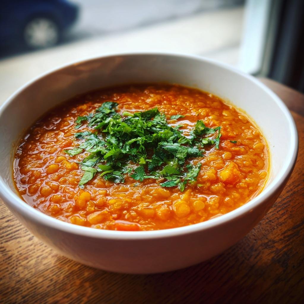Nahaufnahme einer Schüssel mit leuchtend oranger ROTE LINSENSUPPE, garniert mit frischer Petersilie.