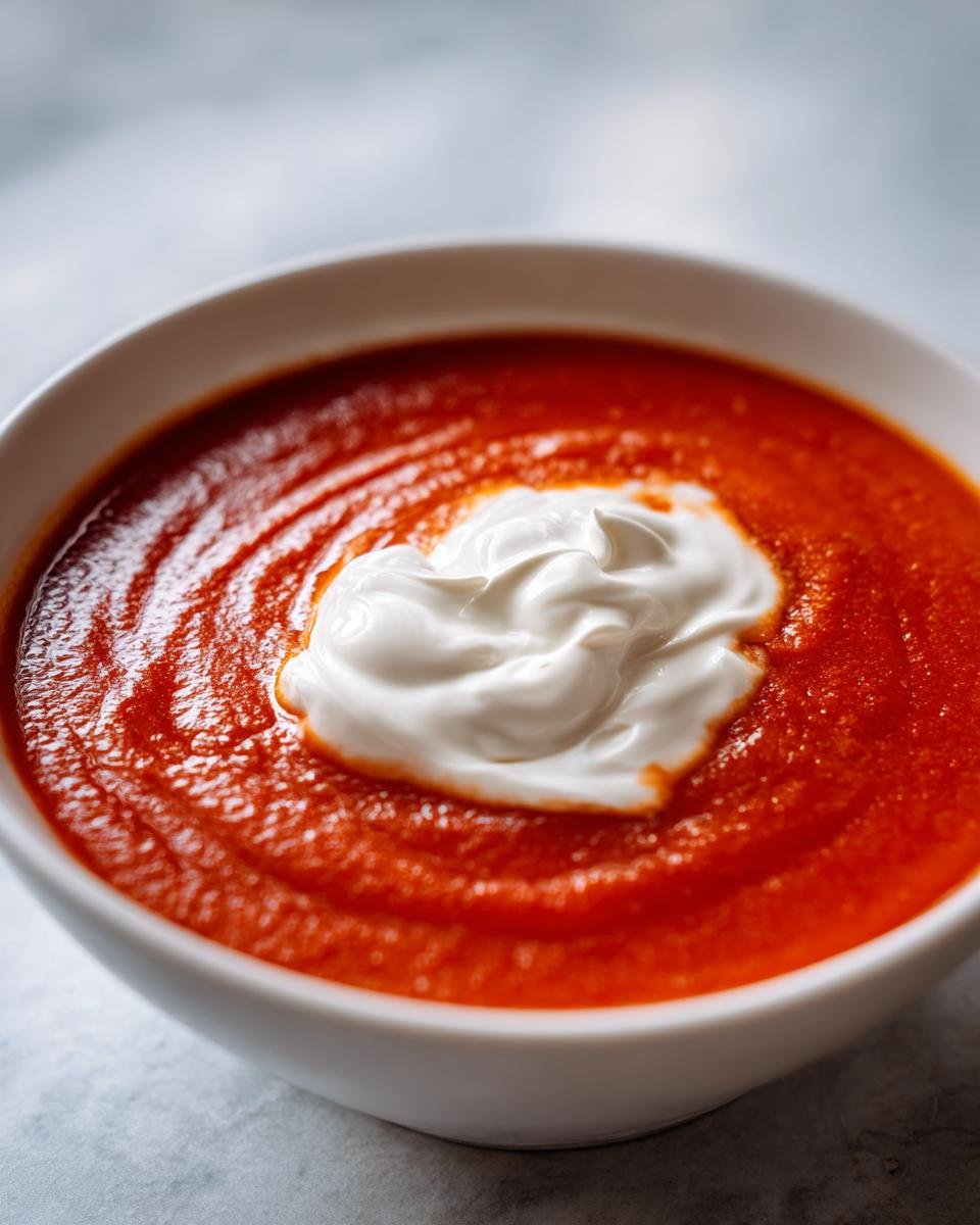 Nahaufnahme einer leuchtend roten, pürierten Suppe mit einem großen Klecks weißem Sauerrahm in einer weißen Schüssel, ein Gericht, das man "Das konnte ich jede Woche essen" könnte.