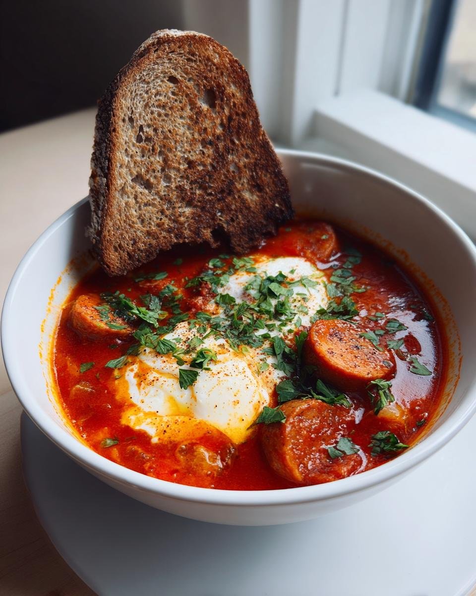 Schale mit roter, tomatenbasierter Suppe, garniert mit pochierten Eiern, Wurstscheiben und Petersilie, dazu ein Toastbrot. Nicht die Vegane Pizzasuppe.