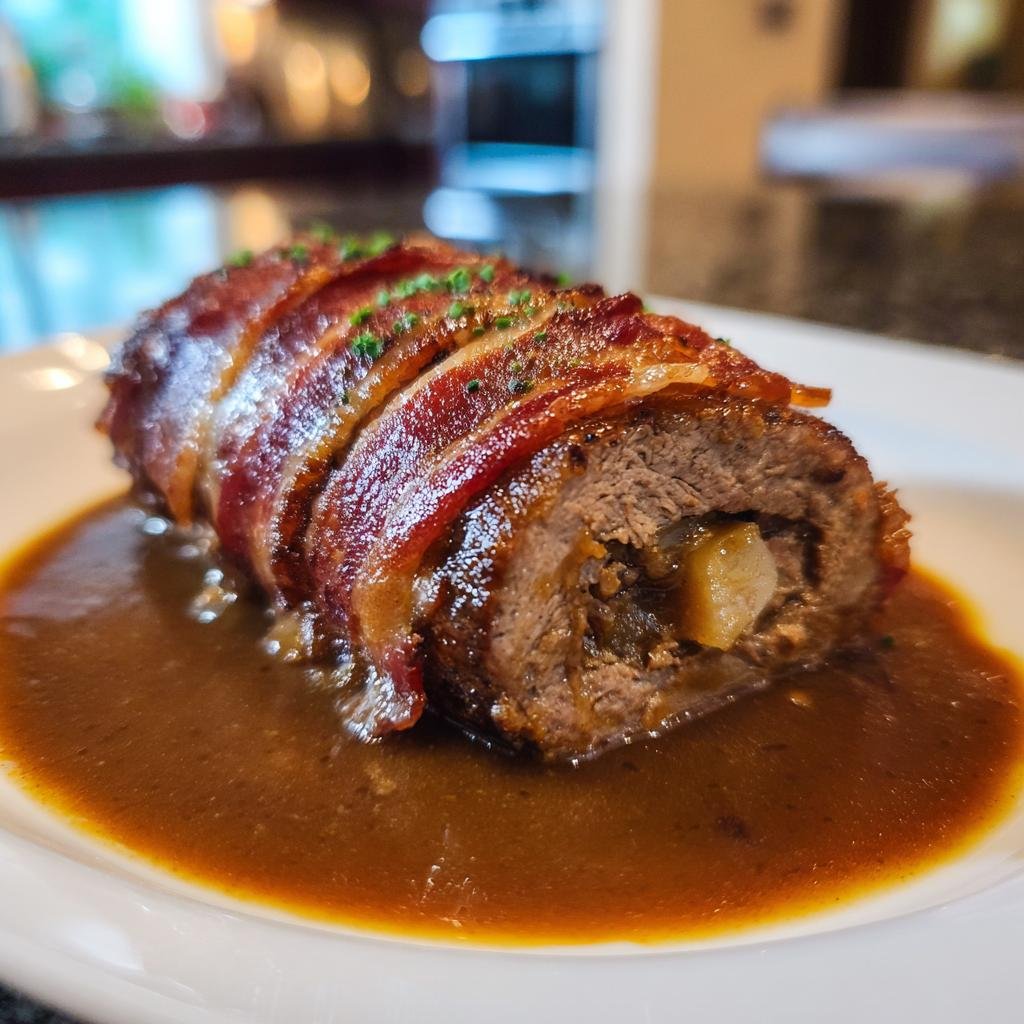 Anschnitt eines Rouladenstücks mit Speckmantel in dunkler Soße, typisch für Rouladentopf aus dem Backofen.