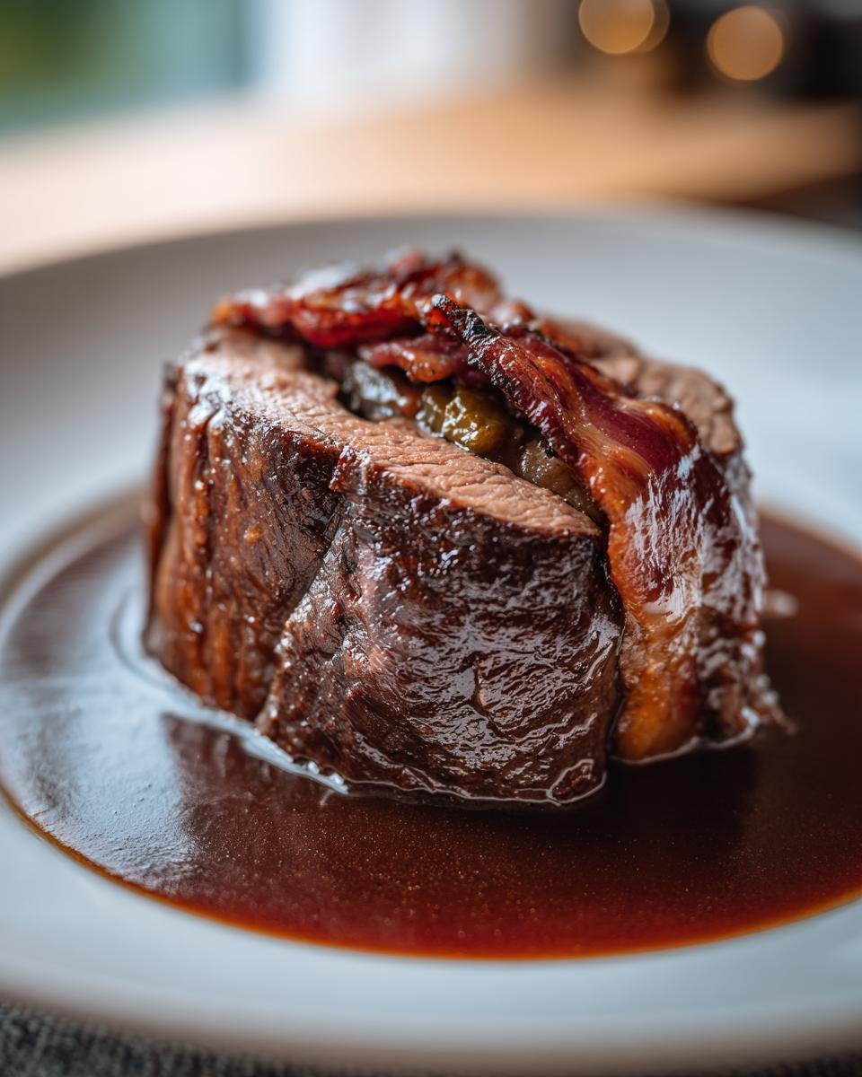 Nahaufnahme eines saftigen Rouladentopf aus dem Backofen mit Speck und dunkler Soße auf einem weißen Teller.