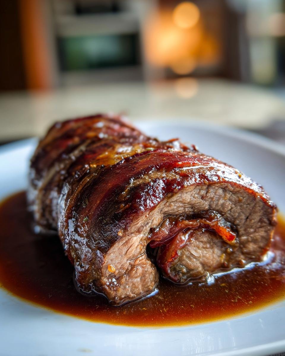 Nahaufnahme eines saftigen Stücks Rouladenfleisch in dunkler Soße, typisch für Rouladentopf aus dem Backofen.
