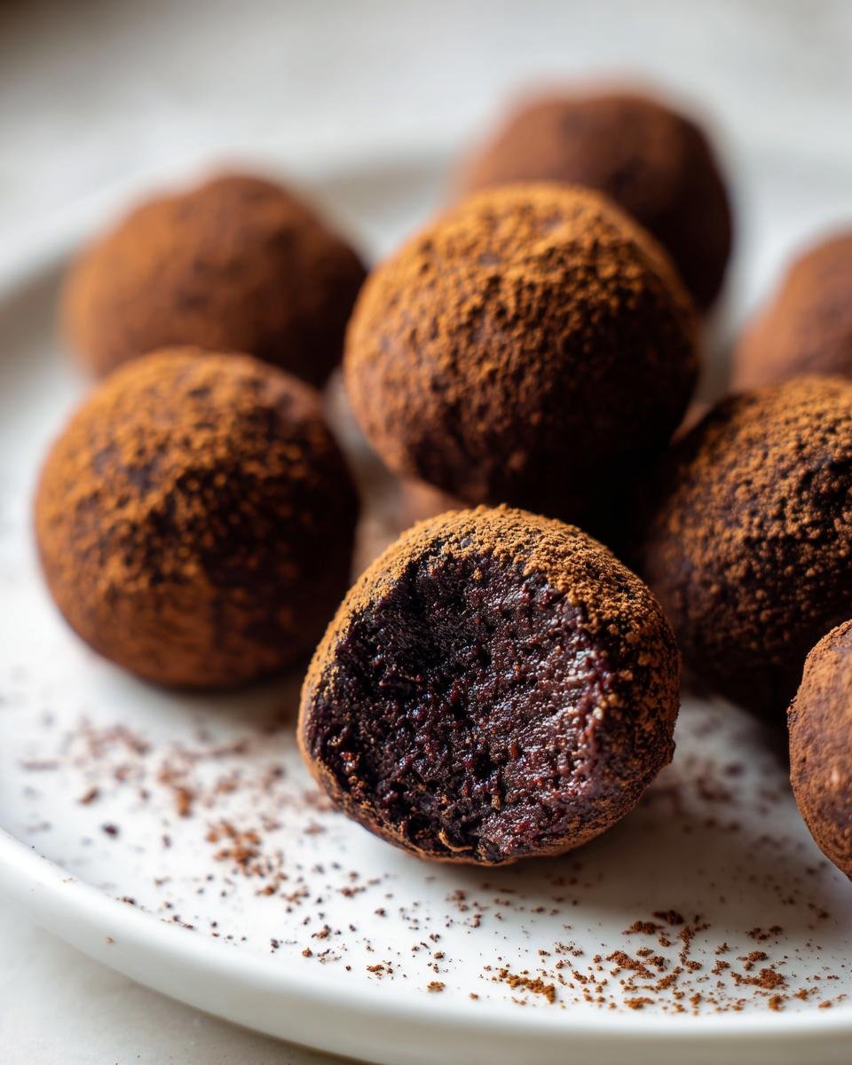 Nahaufnahme von saftigen Rumkugeln, eine davon angebissen, bestäubt mit dunklem Kakaopulver. Perfekt für das Rumkugeli Rezept.