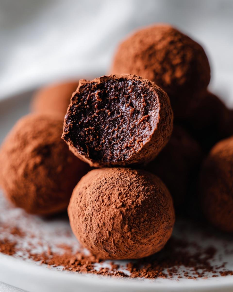 Nahaufnahme von saftigen Rumkugeln, eine davon aufgeschnitten, bedeckt mit Kakaopulver – perfektes Rumkugeli Rezept.