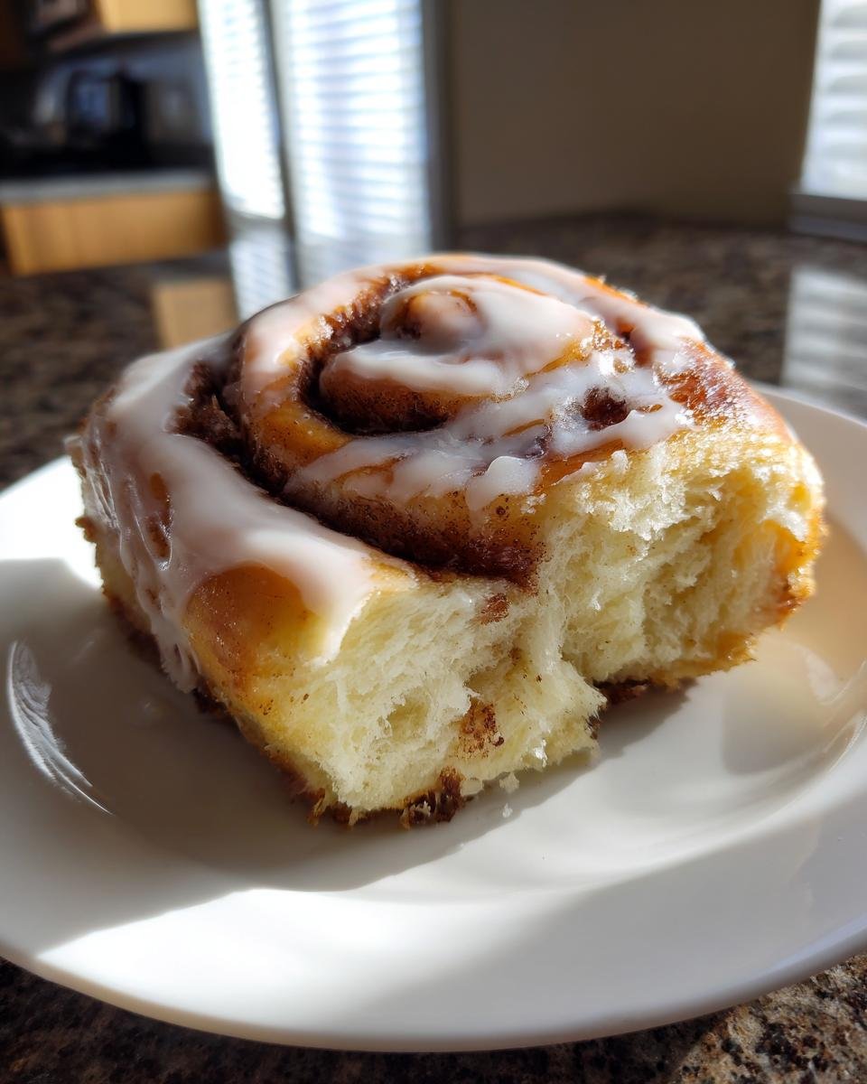 Nahaufnahme einer super lockeren Zimtschnecke mit weißem Zuckerguss, die auf einem weißen Teller liegt.