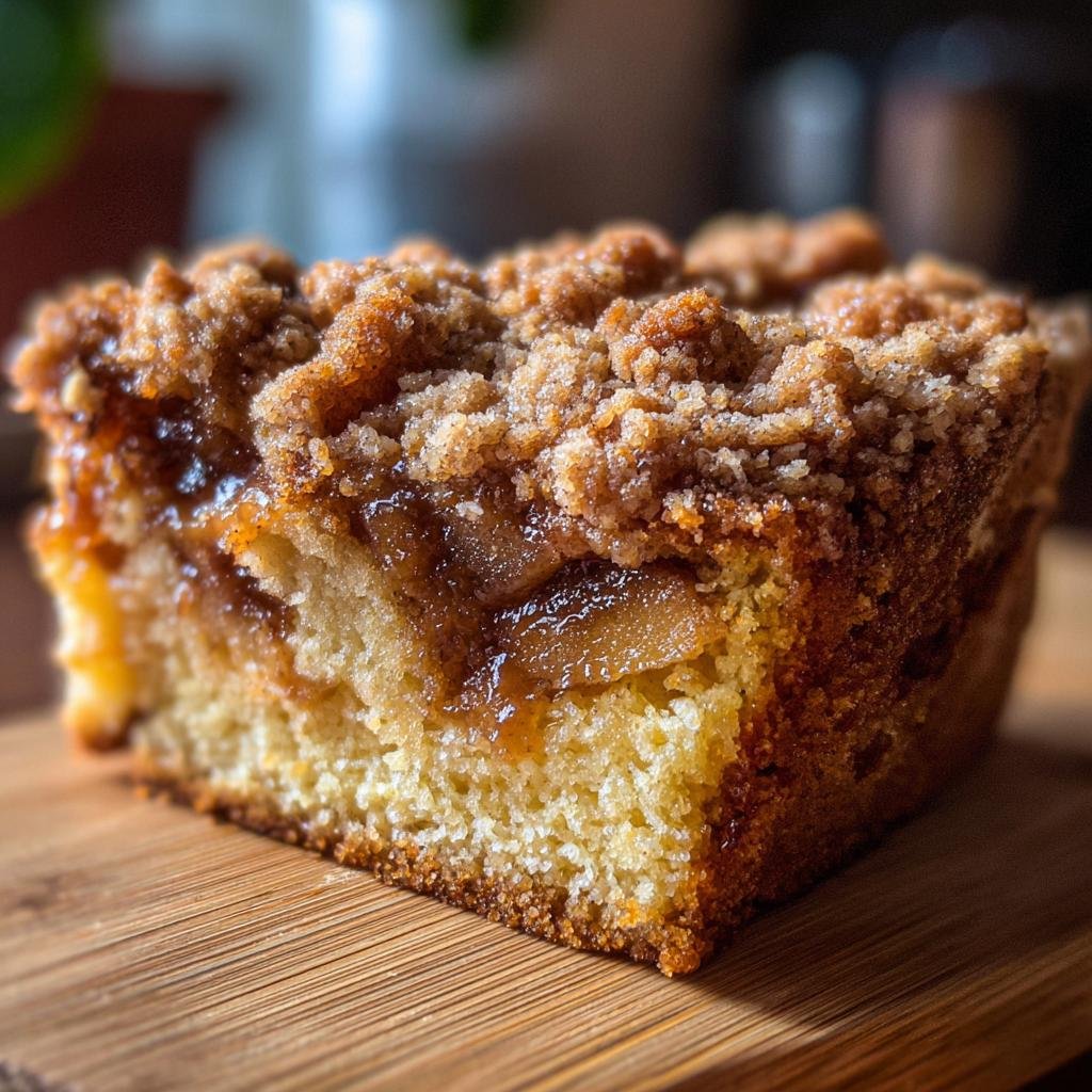 Nahaufnahme eines saftigen Stücks Apfel-Zimt-Crumble-Kuchen mit goldbrauner Krume und Zimtstreuseln.