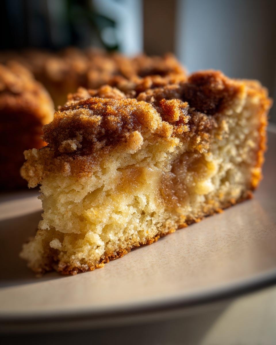 Nahaufnahme eines saftigen Stücks Apfel-Zimt-Crumble-Kuchen mit goldbrauner Kruste.