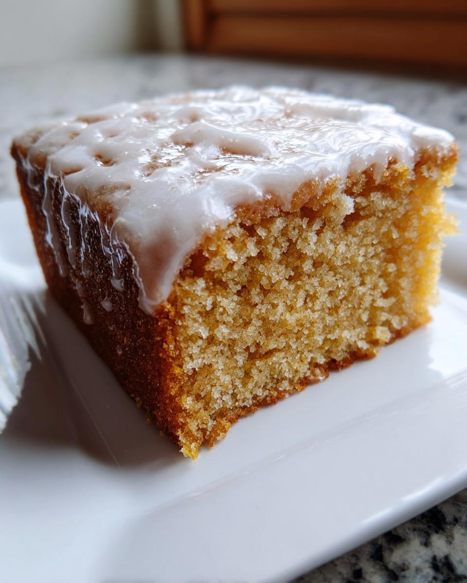 Nahaufnahme eines saftigen Stücks Fantakuchen vom Blech mit hellem Zuckerguss.