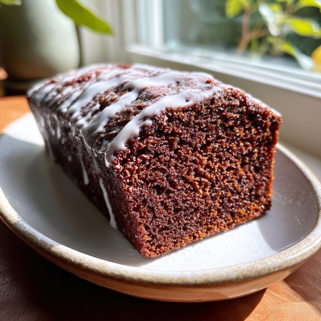 Nahaufnahme eines saftigen Stücks GESUNDER LEBKUCHEN mit dunkler Krume und weißem Zuckerguss.