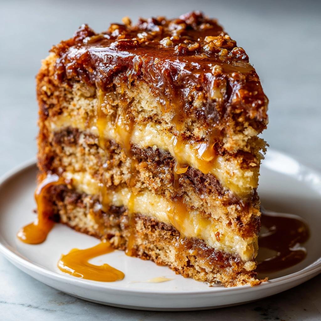 Nahaufnahme eines saftigen Stücks Karamell-Nuss-Kuchen mit dicken Schichten Creme und üppiger Karamellglasur.